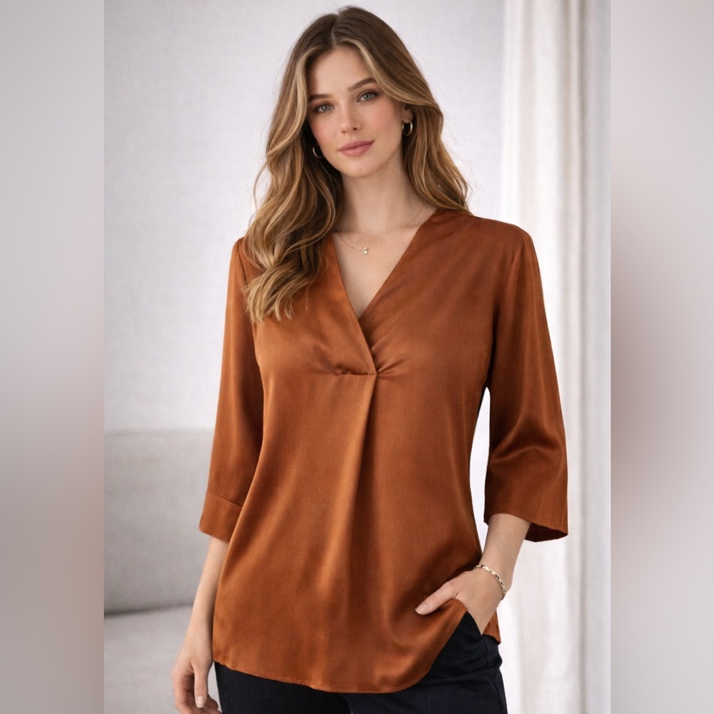 Silky Brown Blouse V Neck Satin Look Top Size M EU 40